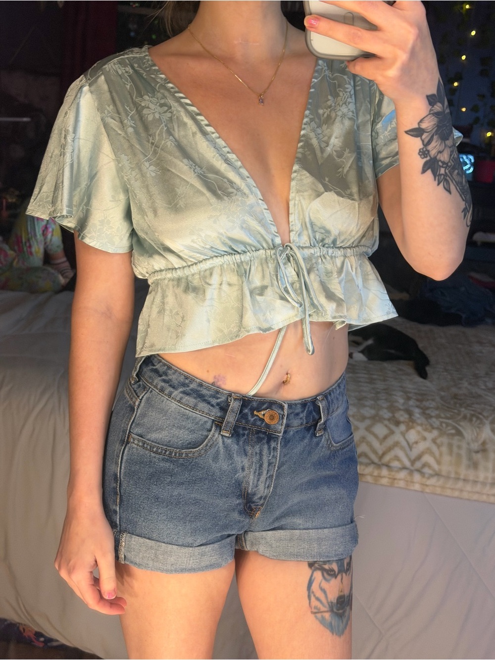 SHEIN Light Sage Satin Tie-Front Crop Top